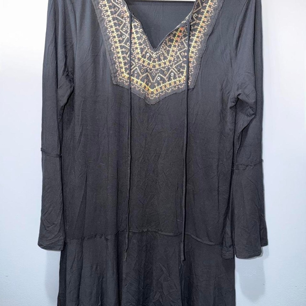 TUA Black Embroidered V-Neck Long Sleeve Boho Dress D4652 Made in USA Large